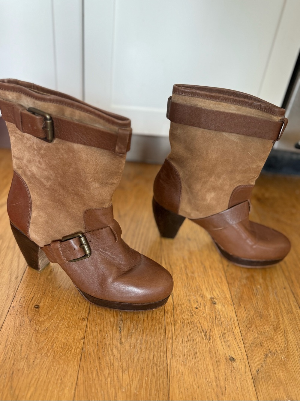 Zara Two-Tone Brown Leather & Suede Mid-Calf Heeled Boots